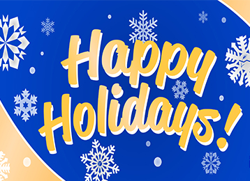 Happy Holidays banner in yellow, blue and white