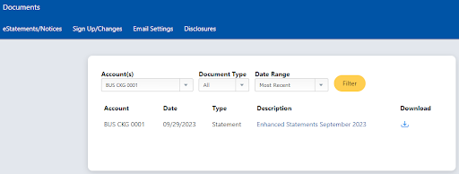 screenshot of e-statements